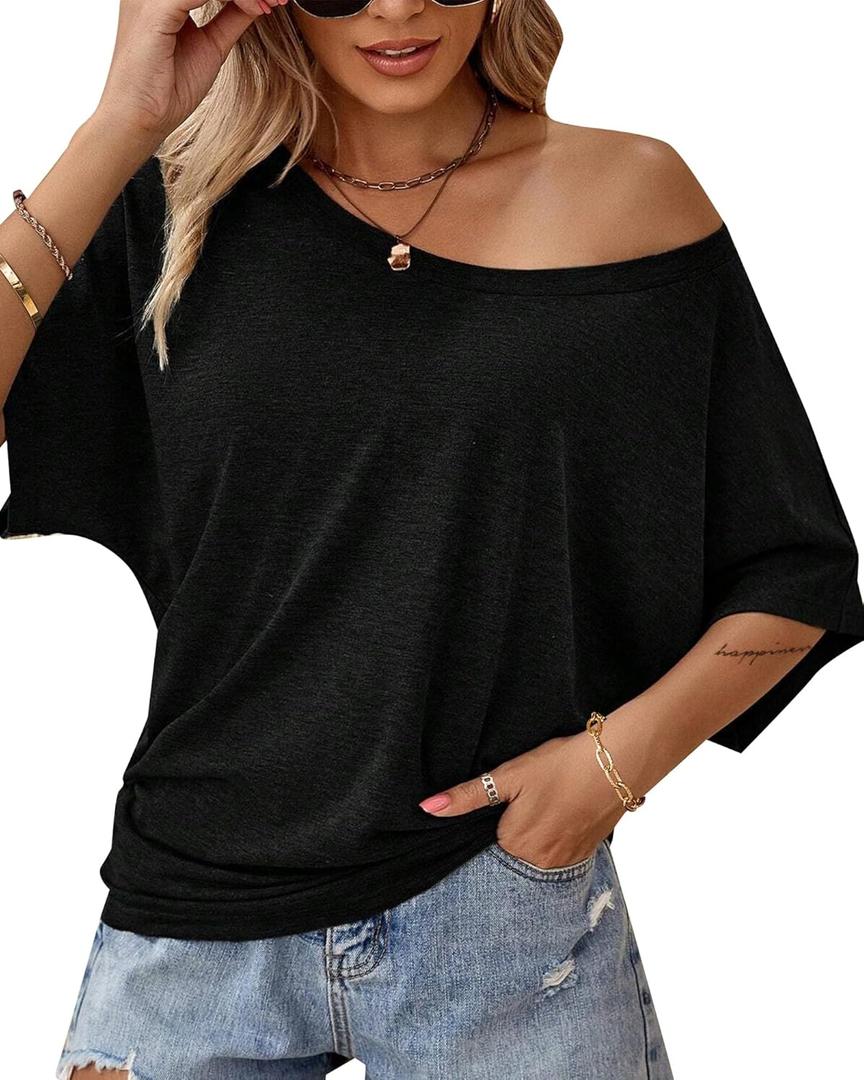Hilinker Womens Sexy Off The Shoulder Tops Short Batwing Sleeve T Shirt Oversized Casual Tee L