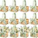 Geelin 12 Pcs Mini Flower Girl Basket Mini Woven Baskets with Pearl Handles Wood Chip Flower Fruit Picnic Holder with Sage Green Ribbon Smell Gifts Bucket for Wedding Party Gifts Birthday Decoration