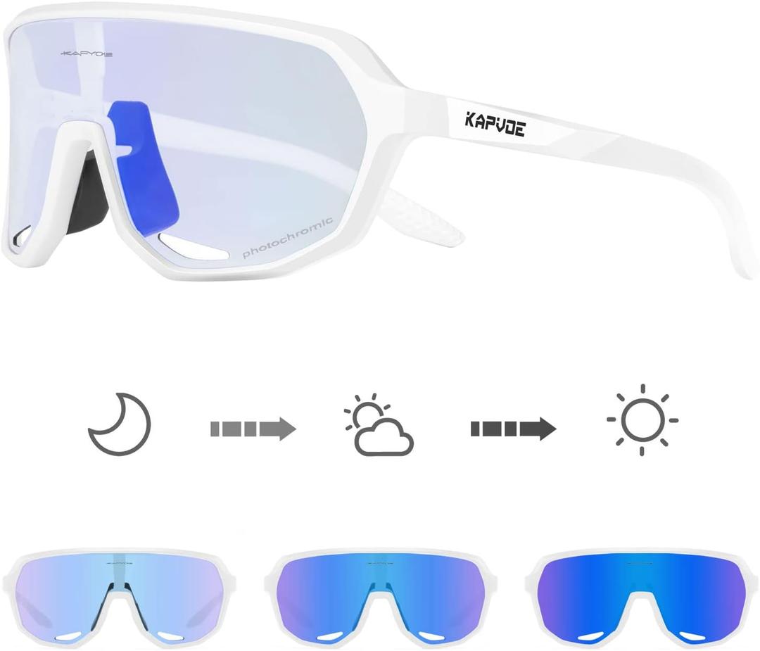 KAPVOE Photochromic Cycling Glasses for Men Women Mountain Bike Sunglasses Sports Goggles UV Protection K63 (Blue White)