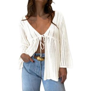 Saodimallsu Womens Summer Lightweight Tie Front Cardigans Crochet Knit Long Bell Sleeve Casual V Neck Beach Cover Ups (Medium, White)