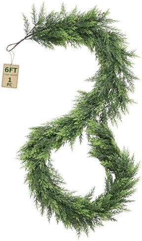 72''/6ft Real Touch Cedar Garland, 6 ft Realistic Xmas Faux Cypress Garlands for Mantle Indoor Stairs Railing Fireplace Decor, 6ft Cedar Juniper Garland for Christmas Door Decorations