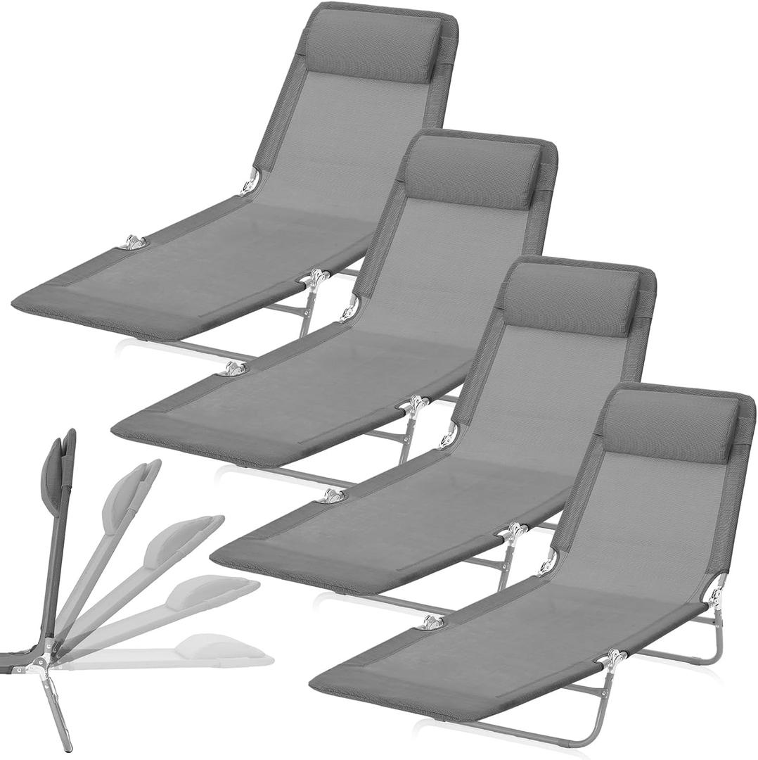 Suzile 4 Pack Folding Chaise Lounge Chair Tanning Chairs with Adjustable 5 Position and Pillow Waterproof Breathable Mesh Steel Frame Pool Sun Tanning Chair for Beach Yard Patio Lawn (Dark Gray)