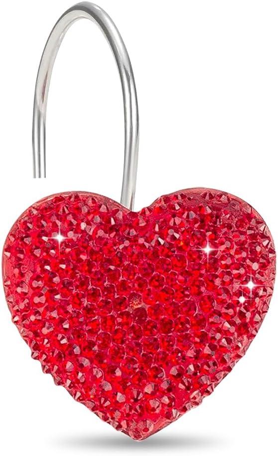 2 x Red Heart Valentines Day Shower Curtain Hooks - Luxury Sparkly Crystal Rhinestone Decorative Stainless Steel Shower Rings Hangers for Holiday Women Girls Bathroom Accessories