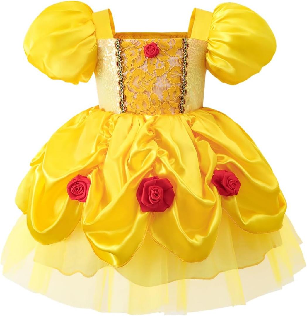 Infant Girls Princess Dress Yellow Ball Gown with Rose Decor Tiara Headband for Toddler Birthday Party 12-18M