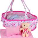 Baby Doll Cradle Bassinet Portable Doll Carrier Carry Bag,Doll Accessories Playset,with Soft Pillow Quilt Blanket Bear,for 8-9-10-11-12 Inch Smaller Alive Baby Doll (Flower Pattern)