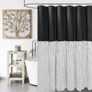 Farmhouse Shower Curtain,Black and Black Striped,Button Curtain,Spa Waffle and Cotton Woven Fabric,Rustic Charm Country Chic Style, 72x84 in