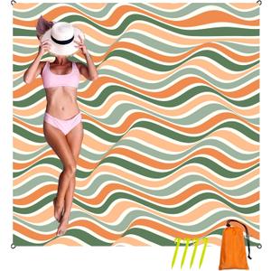 Oversized Sandproof Beach Blanket (83"x81"), Extra Large Beach Sheet for Up to 6 People. Sandfree Beach Mat, Big Sand Blankets with Sand Bags and Stakes. (Colored Wave)