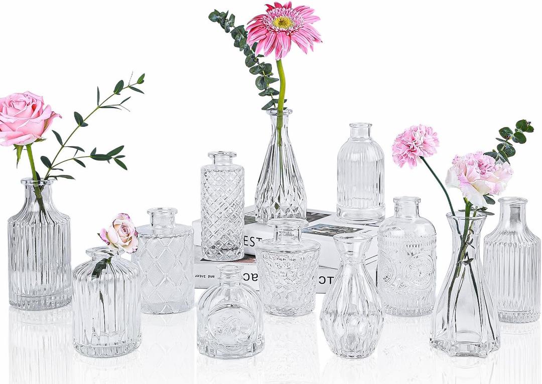Clear Glass Bud Vases Set of 12, Mini Flower Vase for Centerpieces, Small Vases in Bulk for Wedding Decorations, Vintage Vase for Baby Shower, Party, Recepetion, Home Table Dcor