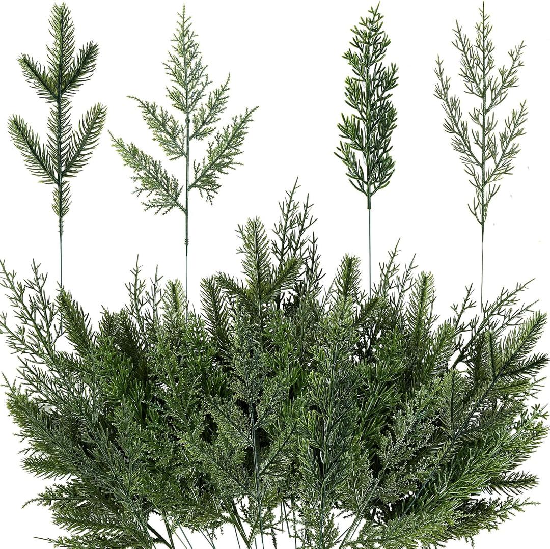 Sggvecsy 40 Pcs Artificial Pine Branches Assorted Faux Pine Needles Greenery Cedar Leaves Christmas Sprigs Stems Pine Picks for DIY Garland Wreath Xmas Tree Embellishing Home Garden Decoration