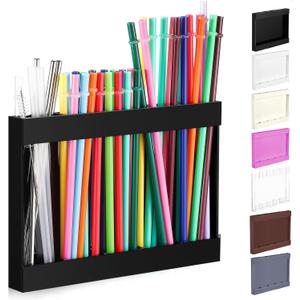 Qinyoung Acrylic Straw Holder for Cabinet Door with Double Sided Adhesive Tape Reusable Straw Organizer Tumbler Storage Kitchen Accessories Container for Counter Cupboard(Classic,Large,Black)
