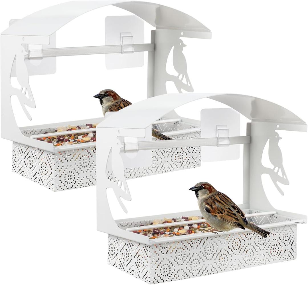 Tonitrui Window Bird Feeder with Heavy-Duty Adhesive Hooks for Outside,All-Season Metal Winter Bird Seed Feeder for Ultimate Window Viewing, 2-Pack (White)