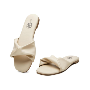 Trary Women's Leather Slides, Comfortable Memory Foam Sandals, Fashion Flat Summer Sandals, Beige, Size 10