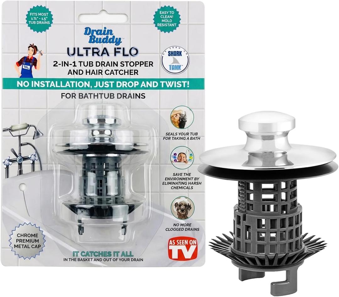 Drain Buddy Ultra Flo No Installation 2 in 1 Clog Preventing Tub Drain Stopper and Hair Catcher for 1 3/8" to 1.5" Bathtubs and Utility Sinks Chrome Metal Cap