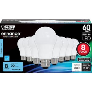Feit Electric A19 LED Light Bulbs, 60W Equivalent, Dimmable, E26 Standard Base, 90 CRI, 800 Lumens, 5000K Daylight, 120V, 22 Years Lifetime, Damp Rated, Pack of 8, OM60DM/950CA/8