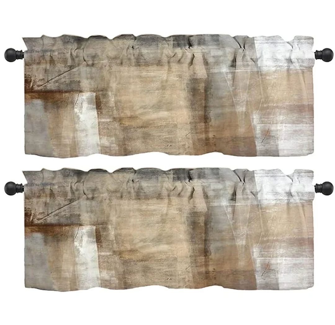 Set Of 4 GALMAXS7 Beige Grey Kitchen Curtains Abstract Blackout Window Treatment Valances, 52" x 17" 2 Panel, 52" x 11.5" 2 Panel
