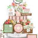 Bucherry 16 Pcs Spring Daisy Tiered Tray Decor Set Farmhouse Daisy Flower Wooden Sign Rustic Spring Table Centerpieces Floral Tiered Tray Decorations for Home Kitchen Shelf Tabletop