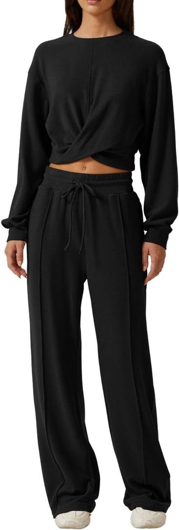 QINSEN Women 2 Piece Outfits Sweatsuit Set Twist Front Cropped Sweatshirt Wide Leg Sweatpant Lounge Set Tracksuit (Small, Black)