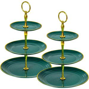 Soleebee 3-Tier Cupcake Stand, Round Plastic Tiered Serving Tray, Cup Cake Tower for Birthday Wedding Party Decoration, Cupcake Tier Stand Fruits Desserts Display 2 Pack (Green Gold)