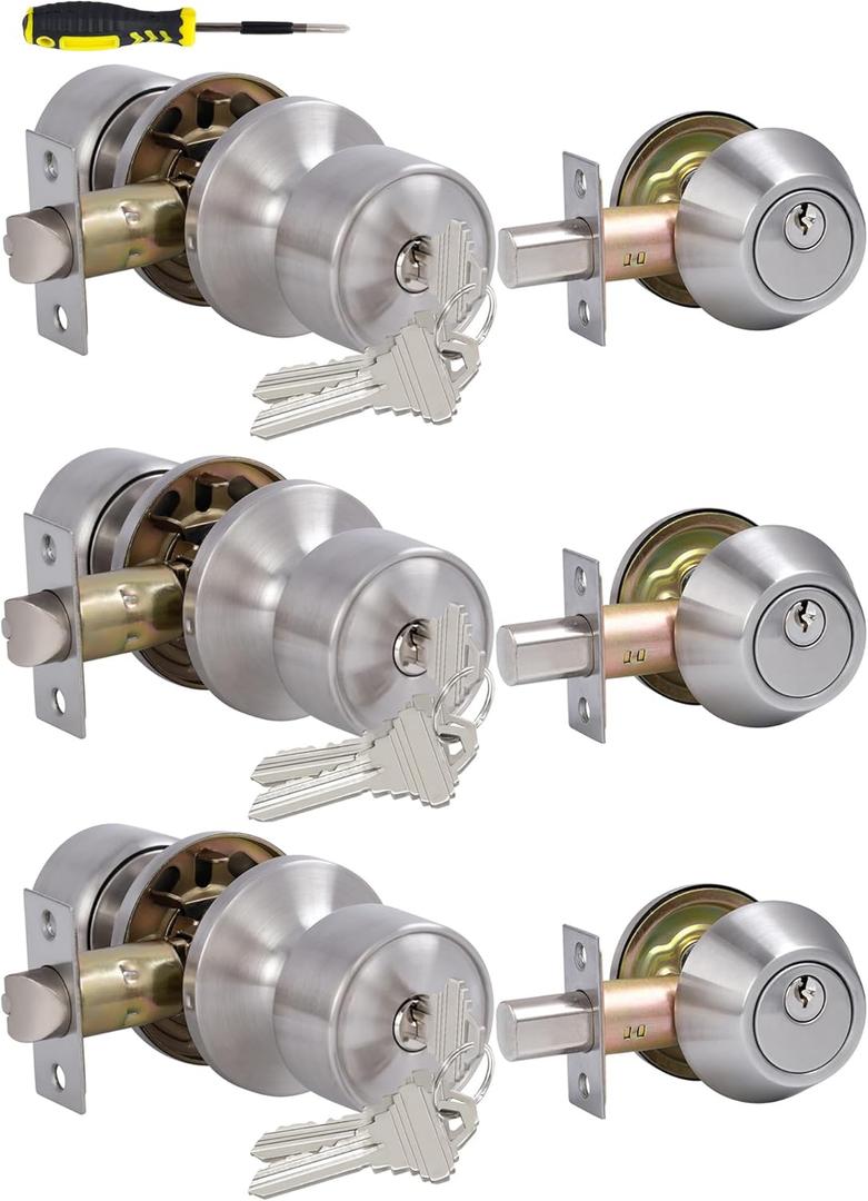 Lanwandeng 3 Sets Keyed Alike Entry Door Knobs and Single Cylinder Deadbolt Lock Combo Set Security for Entrance and Front Door, All Keyed Same Door Lock with Classic Satin Nickel Finish
