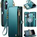 Defencase for Galaxy S24 Magnetic Wallet Case Compatible with Magsafe with RFID Blocking Zipper & Card Holder for Women Men, PU Leather Detachable Phone Case for Samsung Galaxy S24 5G 6.2", Blue Green