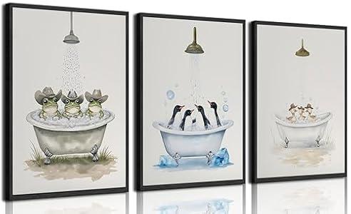 3Pcs Cute Animals Bathroom Canvas Wall Art Penguin Frog duck in Bathtub Wall Decor Prints Funny Animals In The Bathtub Paintings Pictures for Restroom Toilet Washroom Home Decoration 16x24in Unframed