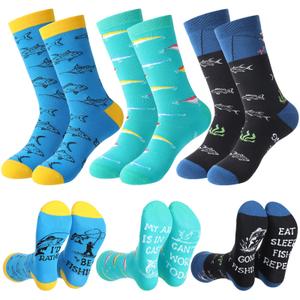 4 x 3 Pairs Funny Fishing Socks for Men Novelty Cotton Dress Crew Sock