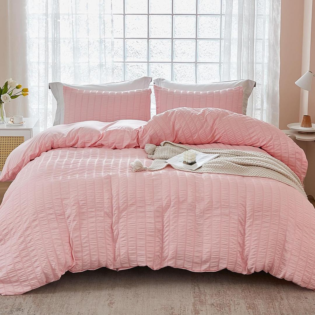 AveLom Blush Pink Seersucker Duvet Cover Set Full Size (80 x 90 inches), 3 Pieces (1 Duvet Cover + 2 Pillow Cases), Ultra Soft Washed Microfiber, Textured Duvet Cover with Zipper Closure, Corner Ties