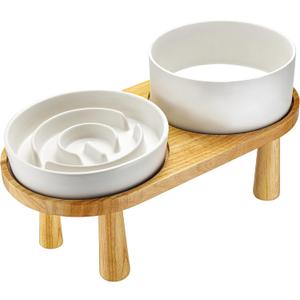 Ceramic Slow Feeder and Water Bowl Set for Medium and Large Dogs, 8.0 Inches Ceramic Dog Bowls Elevated with Wooden Stand, 2.0 Cups Dog Slow Feeder(30oz) and 70oz Water Bowl Set, White