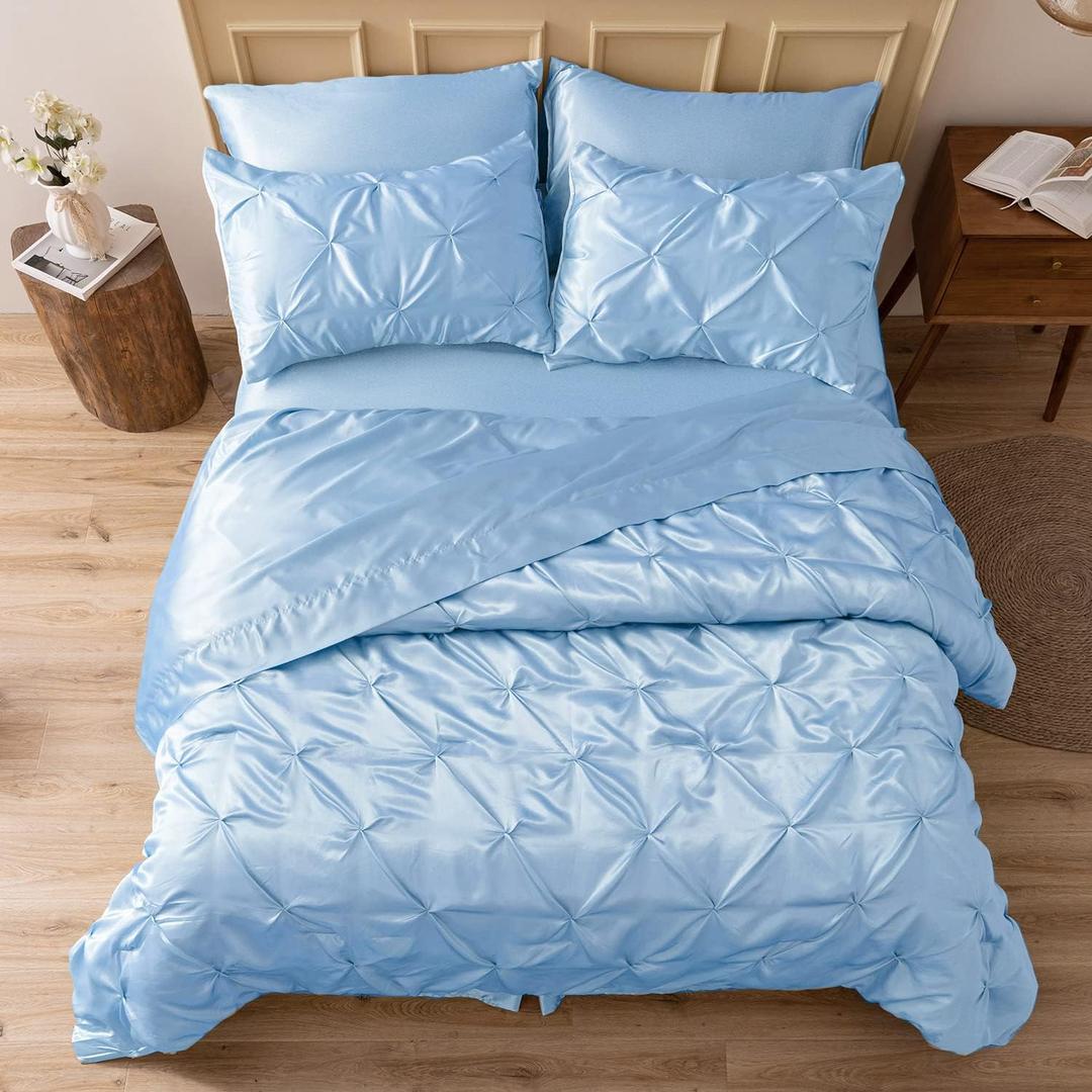 MR&HM Satin Comforter Queen 7 Pieces - Luxurious Pinch Pleat Bedding Set with Comforter, Flat Sheet, Fitted Sheet, Pillowcases & Shams, Super Silky Soft Bed Set for All Season (Queen, Light Blue)