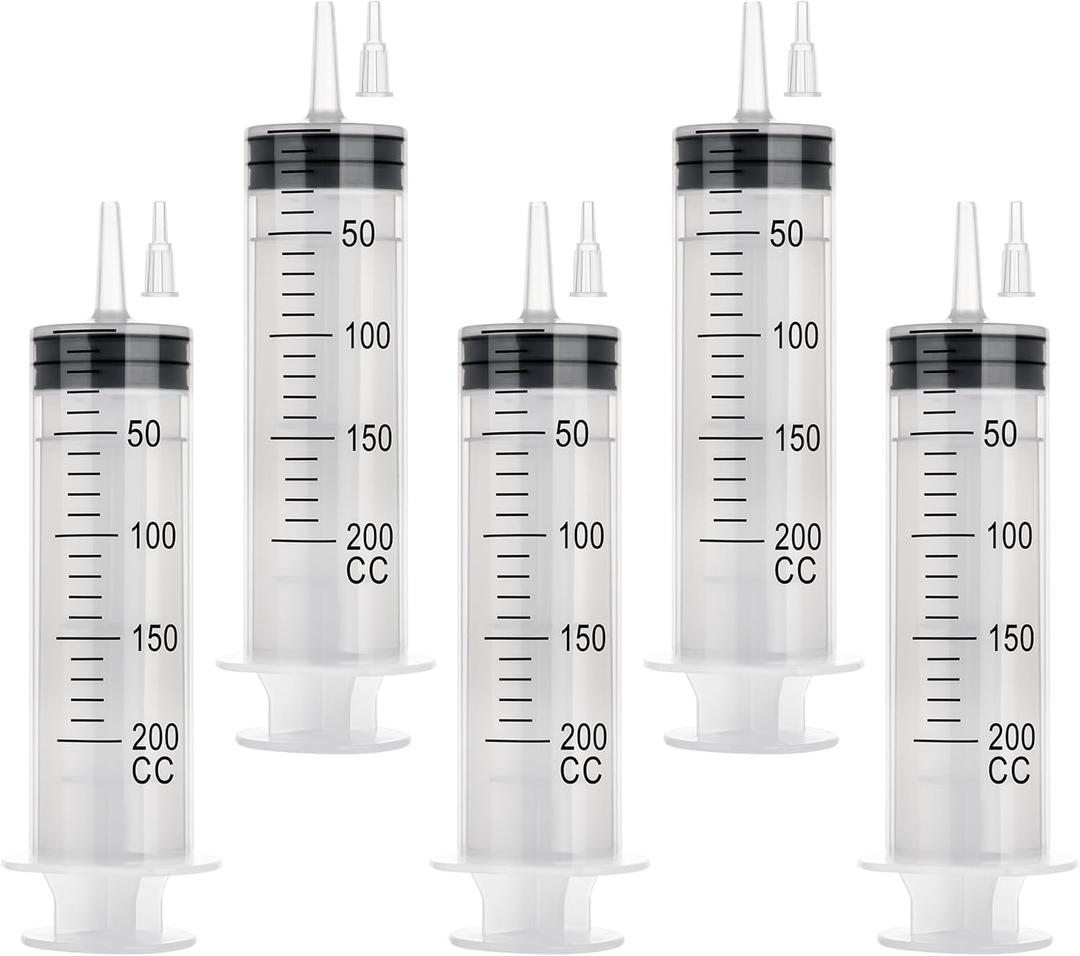 200ml Large Syringe, Plastic Syringe with Tip Adapter, for Scientific Labs, Measuring, Watering, Refilling, Filtration Multiple Uses, Individual Sealed, 5 Pack