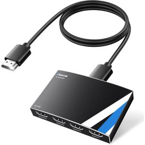 NEWCARE HDMI Splitter 1 in 4 Out [ with 4 Ft HDMI 2.0 Cable and Power Adapter], Aluminum Alloy 4Kx2K@30Hz 14 HDMI Splitter Mirror 1 Source Screen to 4 Monitors/TV, Not Support Extend Screen