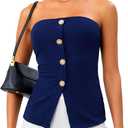 OYOANGLE Summer Going Out Tops for Women 2025 Button Front Sleeveless Strapless Tube Top (Large, Deep Blue)