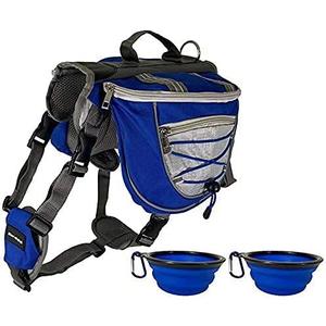 Saddlebag Back Pack & Harness Combo for Dogs 30+ lbs. Perfect for Travel, Trail Hiking, & Camping. Reflective, Lightweight, & Comfortable. Comes with Two Collapsible Bowls (Medium, Blue)