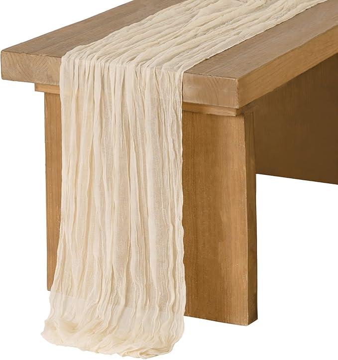 Ling's Moment Ivory Cheesecloth Table Runner, 168 Inch 14FT Beige Boho Gauze Rustic Sheer Cream Cheese Cloth Table Runners for Party Wedding Birthday Outdoor Bridal Shower Decor