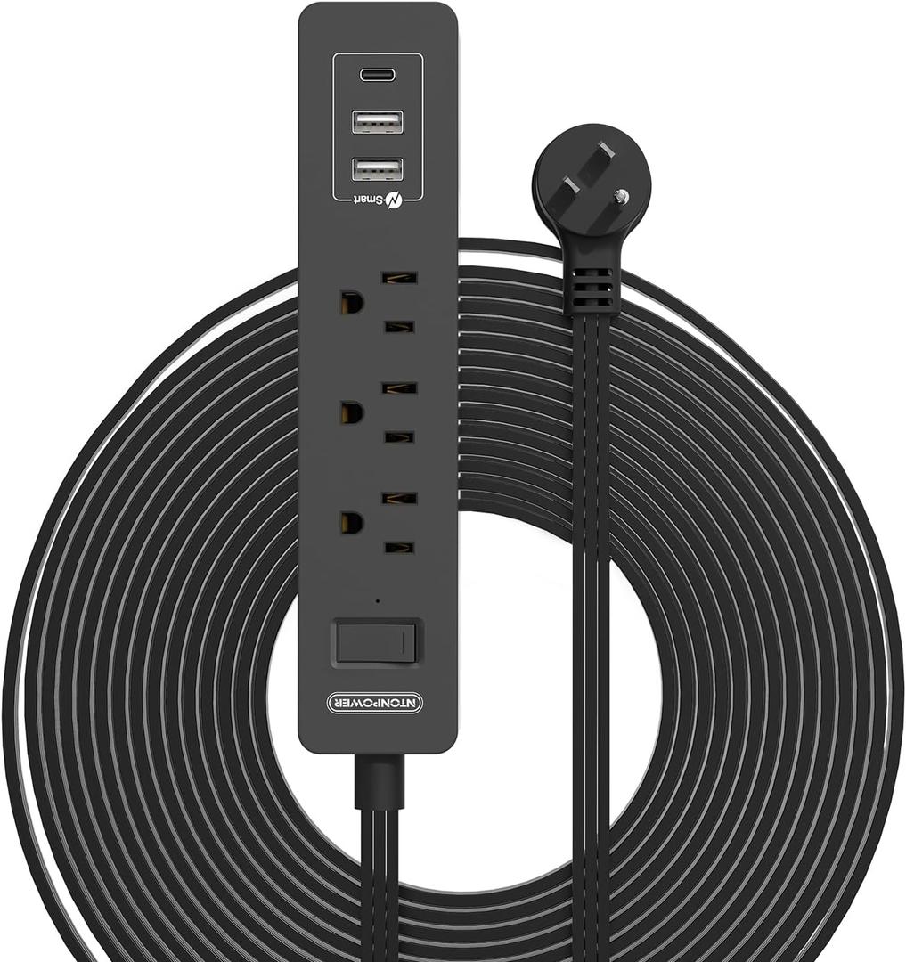 Flat Plug Extension Cord 15 Ft, NTONPOWER Ultra Thin Flat Extension Cord Under Carpet, Rug, Door, 3 Outlets Power Strip with 3 USB Ports, Wall Mount, Overload Protection for Indoor Home Office, Black
