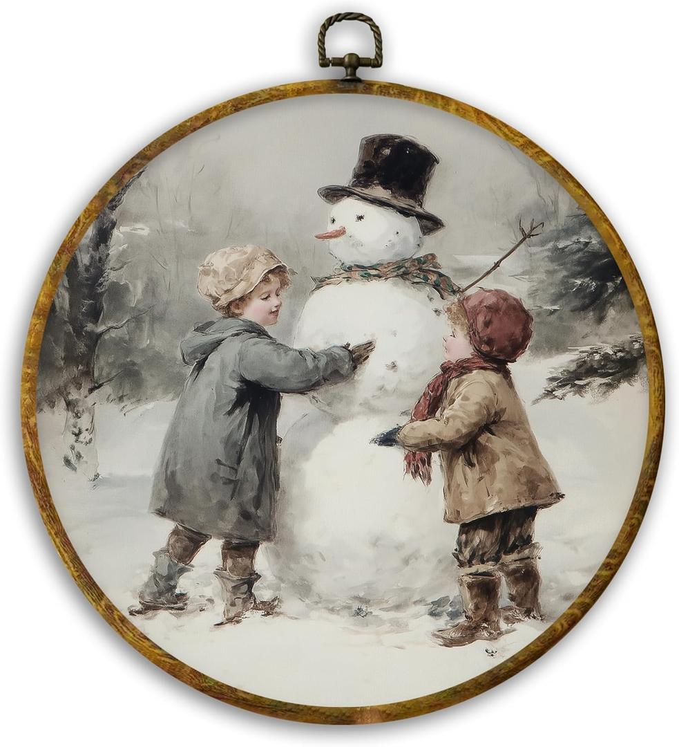 CUANFDDSF Vintage Christmas Snowman Round Wall Art, Rustic Winter Kids Snowman Framed Hanging Wall Decor, Cozy Winter Canvas Prints Decorations for Gallery Home Bedroom Living Room, 10x10 Inch (Colour 34)