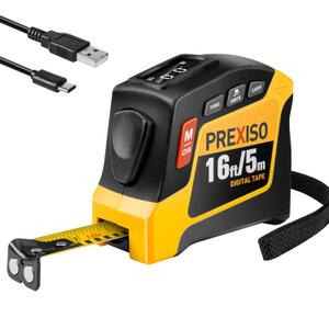 PREXISO 2-in-1 Digital Tape Measure - 16Ft Rechargeable Measuring Tape Ruler Ft/Ft+in/in/M/CM/MM Unit - Metric & Inches Retractable Measurement Tape Tool with Magnetic Tip - Pythagorean, Area, Volume (Yellow)