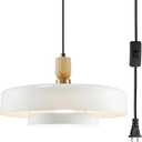 Plug in Pendant Light with 14.75ft Cord & Switch, 2-Tier White & Wood Accent Hanging Ceiling Light, Mid Century Modern Adjustable Swag Lamp for Kitchen Island Dining Room Bedroom