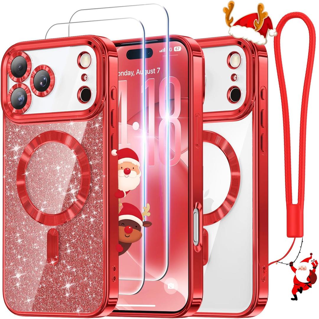 Meifigno Designed for iPhone 17 Pro Case Christmas Red, [Glitter Card & Wrist Strap][Compatible with MagSafe] [2X Screen Protectors] Surround Raised Lens Protection for 17 Pro Phone Case Women, Red