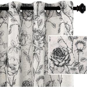 H.VERSAILTEX Boho Floral Linen Curtains, Semi Sheer Light Filtering Curtains, Drapes 84 Inch Length 2 Panels Set, Grommet Top Farmhouse Vintage Curtain, Print Pattern Treatments for Bedroom, Black