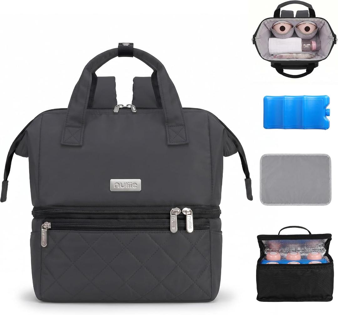 Nuliie Wearable Breast Pump Bag with Cooler Compartment, Double Layer Pumping Bag with Ice Pack, Breast Milk Cooler Travel Bag with Waterproof Mat, Fits 6 Baby Bottles up to 10 oz, Grey