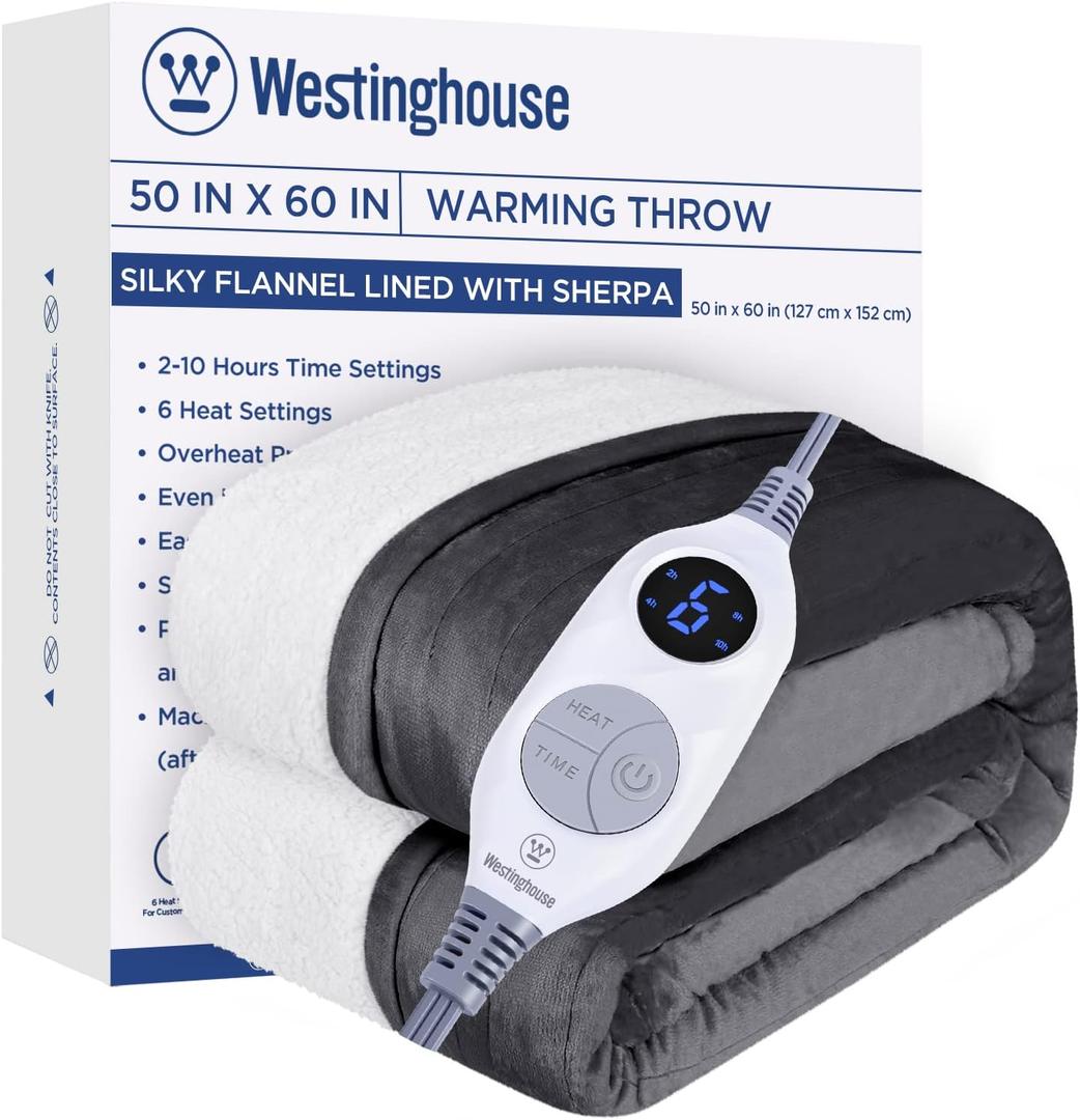 Westinghouse Heated Throw Blanket, Electric Blanket Throw with 6 Heating Levels and 210 Hours Time Settings, Flannel to Sherpa Super Cozy Heated Blanket Machine Washable, 50x60 inch, Charcoal