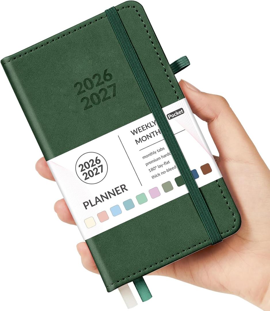 Forvencer Pocket Planner 2026-2027, Weekly Monthly Planners for Purse, 3.5" x 6", July 2026-June 2027, Cute Small Daily Academic Calendar, Elastic Band, Hardcover Agenda for Women, Teacher (Dark Green)