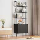 74" Tall Bookshelf with Storage Cabinet, Modern Ladder Shelf with Wood and Metal Frame, Wall Mount Bookcase Open Display Shelf Furniture for Living Room, Bedroom, Home Office, Black