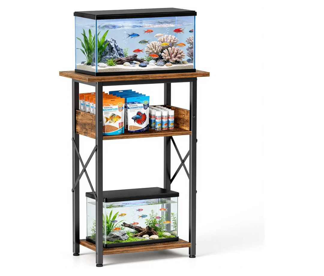 10 Gallon Fish Tank Stand with Storage Shelves, 3-Tier Aquarium Stand with Rust-Proof Metal Frame, Heavy Duty Waterproof Reptile Turtle Tank Stand for Home Office Up to 150LBS, 21.5" L x 11.5" W x 30" H, Rustic BrownAmazon's Choice