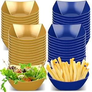 Newtay 100 Pcs Square Plastic Serving Bowl with Food Pick Disposable Snack Salad Buffet Bowl Candy Chip Fruit Dish Bar Containers Dessert Plate Party Supplies (8 oz,Blue and Gold)