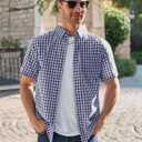 Runcati Mens Plaid Shirt Short Sleeve Button Down Linen Dress Shirt Wrinkle Free Casual Business Summer Work Shirts