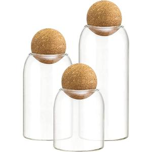 AEFPOYMXU 3 Pcs Glass Jars with Cork Ball Lid Set Kitchen Food Terrarium Airtight Clear Storage Canisters with Wooden Lids for Cookie Candy Coffee Bean Spice Sugar Rice