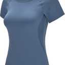 RUNNING GIRL Seamless Workout Shirts for WomenShort Sleeve T-Shirt Stretch Tees Quick Dry Gym Athletic Tops (Blue, XL)