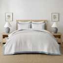 EVERGRACE Cotton Border Frame Tack-Stitch Quilt Bedding Set Queen Size, Coastal Oversized 3 Pieces Lightweight Bedspread Coverlet for All Season, with 2 Matching Shams, Blue Linen | Pick-Stitch Channel, Border Frame, Pre Washed, Oeko-Tex Certified, 100% Cotton, Lightweight